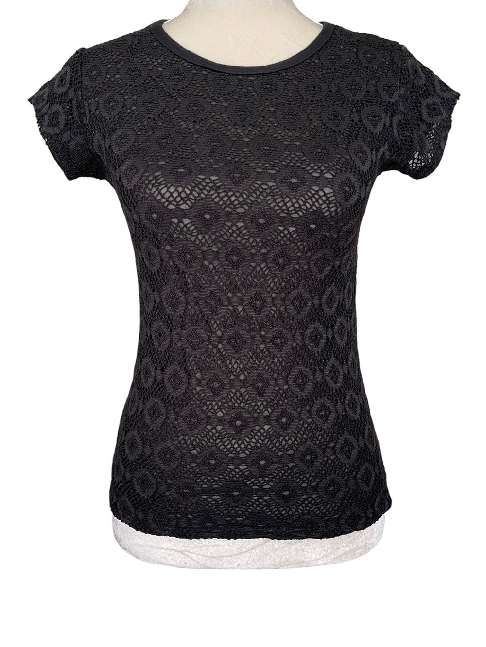 Women's Black Lace Crochet Short Sleeve Tee Size S Round Neckline